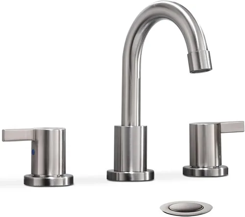 Phiestina Grifo de baño de 2 manijas y 3 agujeros de 8 pulgadas con drenaje emergente de metal, níquel cepillado, WF015-1-BN