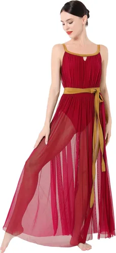 ODASDO Lyrical Dance Costumes for Women Camisole Mesh Tulle Long Dress with Belt Adult Ballet Dancewear Competition Clothing