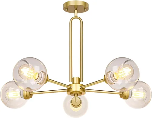 Miniatura 4 de Lámpara colgante con forma de globo, moderna lámpara de techo semiempotrada dorada con vidrio transparente, lámpara Sputnik de 5 luces para comedor