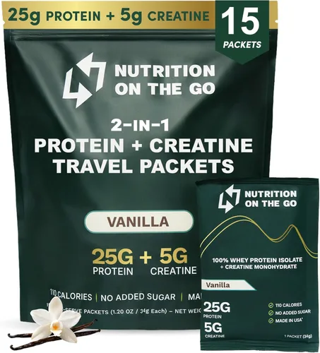 Miniatura 8 de Nutrition On The Go Paquetes aislados de proteína de suero con creatina, 0.88 oz de proteína + 0.18 oz de creatina, proteína de viaje en polvo