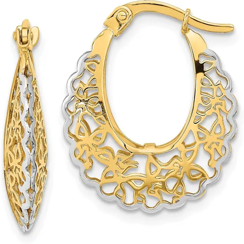 Miniatura 9 de Aretes de aro de filigrana de oro amarillo de 14 quilates, corte láser medio, cierre a presión pulido para regalo de mujer