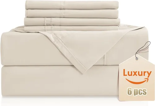 Miniatura 38 de CozySmile Juego de sábanas transpirables y refrescantes, sábanas de lujo de 4 piezas con bolsillo profundo para cama de tamaño matrimonial, se Beige