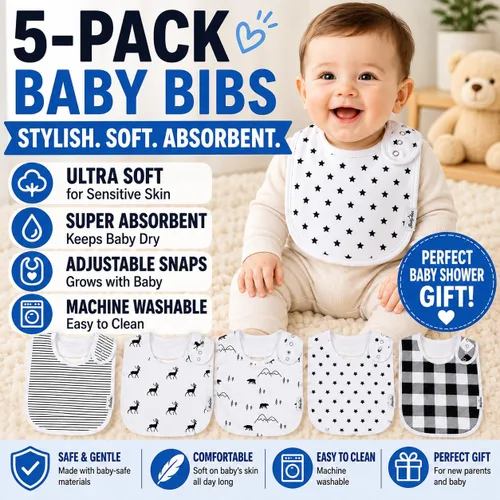 Miniatura 2 de KiddyStar Drool Bibs for Babies – Organic, Unisex, Soft Absorbent Teething Bibs with Adjustable Snaps Paquete de 5 baberos unisex