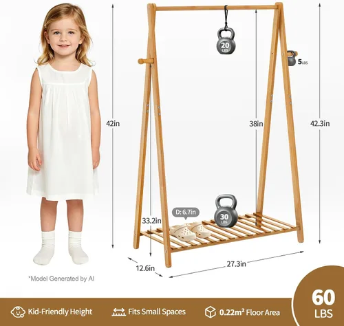 Miniatura 2 de Percheros Pequeños para Colgar Ropa, Percheros de Bambú para Prendas de Niños, Perchero Independiente para Vestidos y Trajes para Dormitorio, Sala