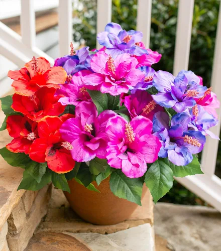 HyeFlora Flores artificiales para exteriores, hibisco sintético, decoración exterior de verano, 4 paquetes de plantas artificiales tropicales de