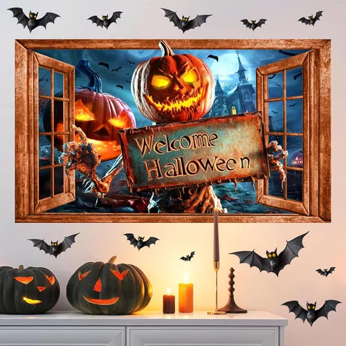 Miniatura 12 de Decoración de pared de Halloween, calcomanías de Halloween 3D para ventana falsa, despegar y pegar, calabazas, esqueleto, murales artísticos