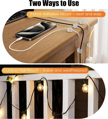 Miniatura 7 de Paquete de 8 organizadores de cables, clips giratorios en forma de Ω, organización de cables adhesivos fuertes con clavos, soporte para cables