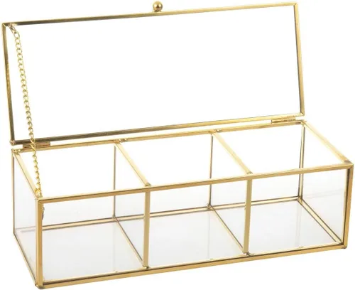 Feyarl Caja de té de vidrio dorado, organizador de exhibición de concha de mar, cosméticos, encimera, caja de frascos, almacenamiento de joyas,