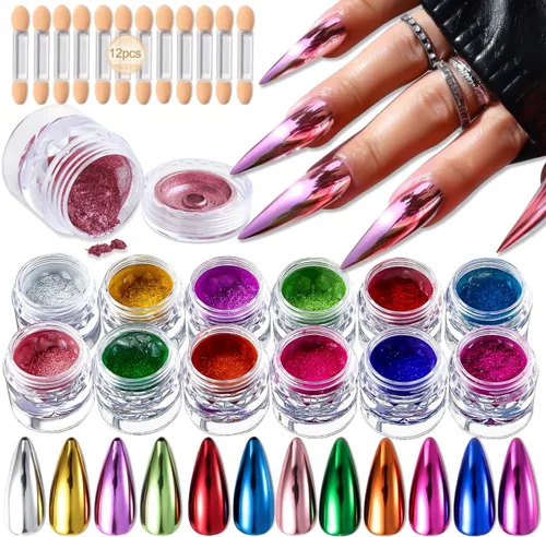 Kit de polvo de uñas cromado, 12 colores, efecto espejo metálico holográfico, pigmento cromado, purpurina para decoración de uñas, esmalte de gel,