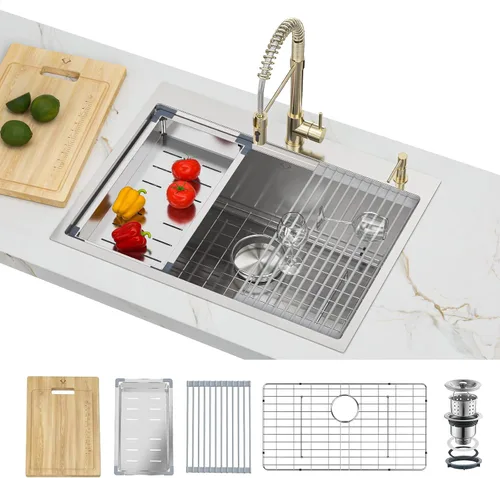 Miniatura 14 de Fregaderos de cocina 23x18 pulgadas Fregadero de cocina empotrado Fregadero de acero inoxidable 16 calibre Juegos de fregaderos de un solo tazón
