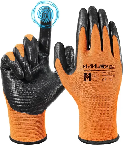 Miniatura 33 de MANUSAGE Guantes de trabajo de nitrilo, ajuste elástico cómodo 3D, agarre potente, pantalla táctil, revestimiento de espuma duradera, flexibles
