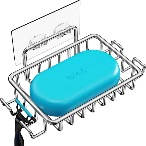 Nieifi Jabonera de barra para pared de ducha con 4 ganchos, jabonera adhesiva de acero inoxidable para baño, color plateado A-Silver