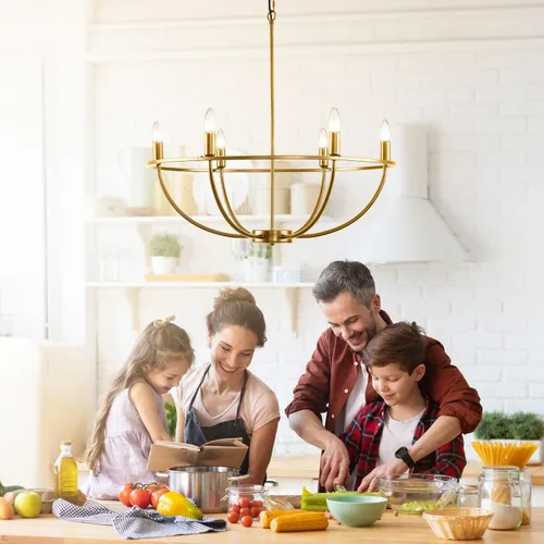 Miniatura 8 de WJShome Lámpara de araña dorada Granja: Candelabros modernos de 6 luces para comedor, iluminación industrial rústica de isla de cocina, para sala