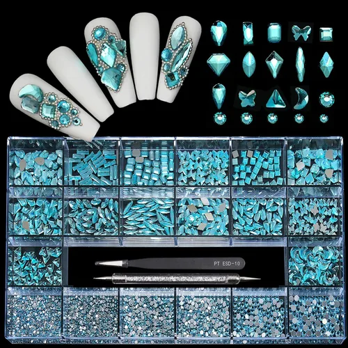 Miniatura 11 de Yzzseven 12 tipos de 600 diamantes AB de cristal + 2500 diamantes de imitación planos mezclados 20 estilos de parte trasera plana DIY manualidades