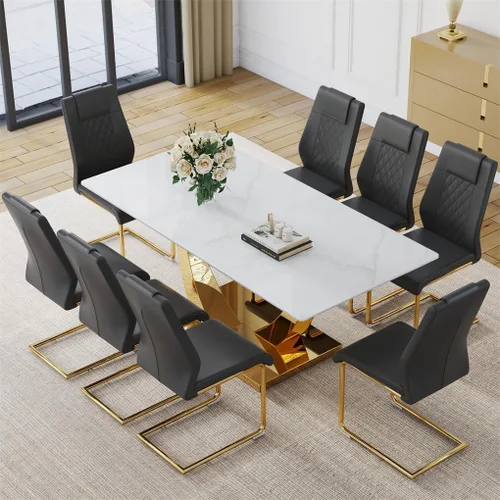 Miniatura 18 de Juego de mesa de comedor para 4, mesa de comedor de mármol sintético de 63 pulgadas con patas y base de acero inoxidable, sillas acolchadas