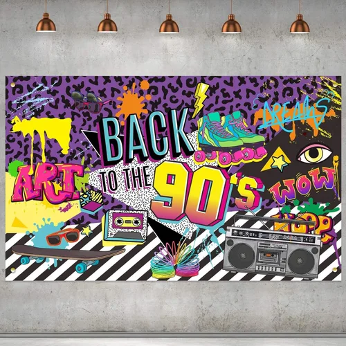 Telón de fondo con temática de los años 90, graffiti de hip hop, fondo de pancarta de fiesta de los 90, 71 x 43.3 pulgadas, decoración de mesa de
