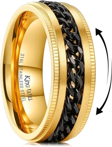 Miniatura 24 de King Will - Anillo antiestrés de acero inoxidable 316L para hombres y mujeres, con cadena decorativa giratoria, 8 mm de ancho, anillo de boda