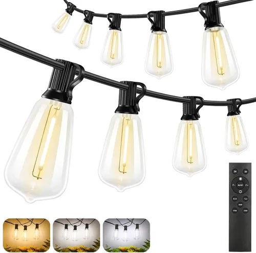 Miniatura 10 de Brightever - Guirnalda de luces de exterior de 50 pies, con control remoto, 16 bombillas Edison vintage ST38 inastillables, 3 modos, 2