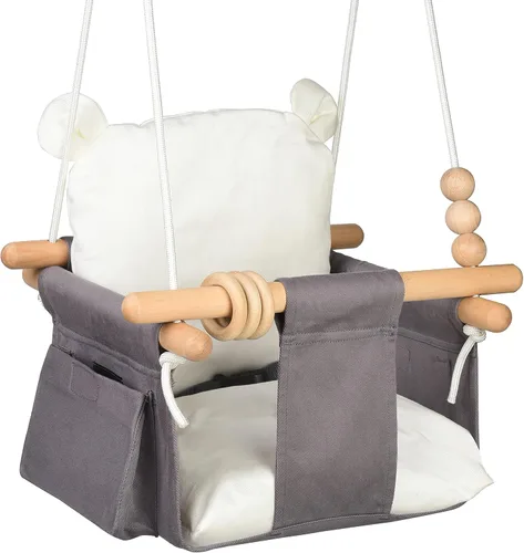 Miniatura 7 de Asiento de columpio colgante para bebé, silla de juguete de lona para niños pequeños con 2 bolsillos laterales para juegos en interiores, deportes