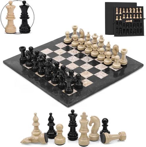 Marblous Krafts - Juego de ajedrez de mármol con estuche de 15 pulgadas, hecho a mano, negro y coral, tablero de ajedrez decorativo de lujo, de 32