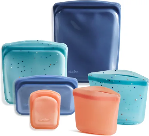 Miniatura 15 de Bolsas reutilizables de almacenamiento de alimentos de silicona premium Stasher, paquete de 6 unidades, transparentes, bolsas de almacenamiento