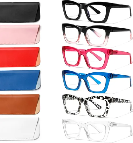 Paquete de 6 lentes de lectura para mujer, bloqueo de luz azul, para computadora con bisagra de resorte (colores mezclados, 0.00, x)