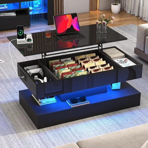 Miniatura 9 de 39.4" Mesa de café grande con tapa elevable, modernas mesas de café LED de alto brillo para sala de estar con almacenamiento, mesas de salón negras