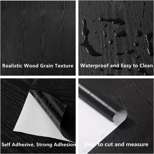 Miniatura 2 de Papel tapiz negro autoadhesivo de madera para despegar y pegar, papel adhesivo negro para encimera, muebles, pared de cocina, impermeable