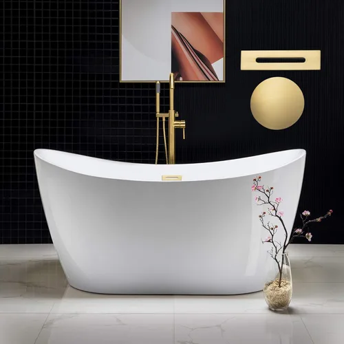 WOODBRIDGE - Tina de baño independiente de acrílico contemporáneo de 59 pulgadas color blanco, con desbordamiento y drenaje de oro cepillado, 2-Oro