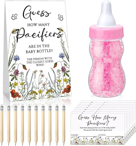 Miniatura 27 de Roowest 512 piezas de juegos de baby shower Adivina cuántos chupetes letrero, 100 pequeños juegos de adivinanzas, 10 lápices HB, botella de leche