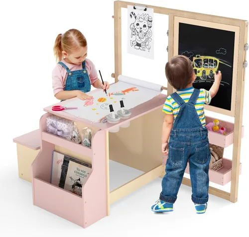 Miniatura 11 de Costzon Caballete para niños, centro de arte de madera con pizarra de doble cara y pizarra blanca, rollo de papel para dibujo, manualidades