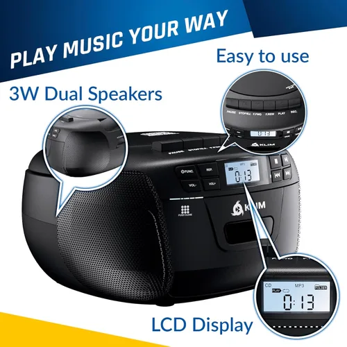 Miniatura 6 de KLIM Reproductor de CD + Cinta de Casete, Boombox CD Bluetooth, Radio AM/FM, Sonido Estéreo, Control Remoto, Combo de Reproductor de CD y Cinta
