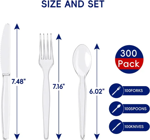 Miniatura 2 de JOLLY CHEF Juego de 300 cubiertos de plástico transparente, 100 tenedores, 100 cucharas, 100 cuchillos, juego de cubiertos de plástico desechables