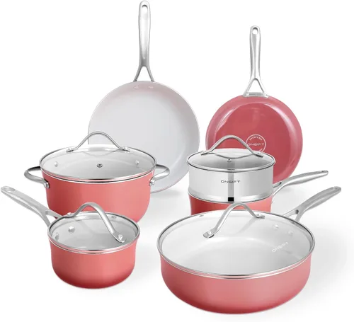 Miniatura 7 de ONGIFT Juego de ollas y sartenes de cocina antiadherente, juego de 11 piezas de utensilios de cocina de cerámica con mango que se mantiene fresco