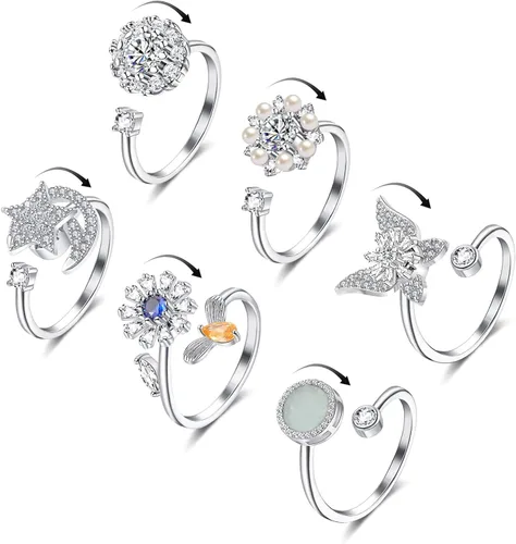 Honsny 6 piezas anillos de ansiedad chapados en oro de 14K para mujeres, anillo giratorio ajustable para la ansiedad, anillos fidget CZ de mariposa,