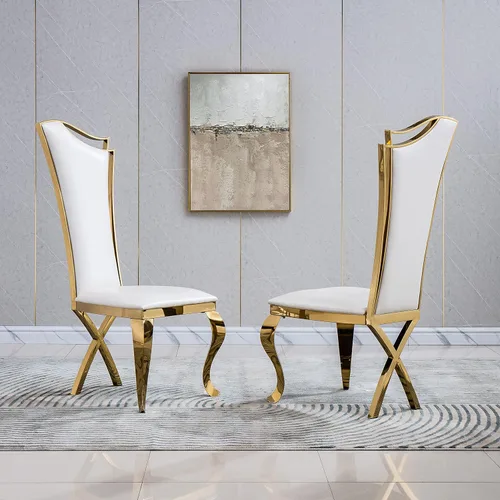 Miniatura 2 de Juego de 6 sillas de comedor modernas tapizadas de cuero con patas de acero inoxidable doradas, sillas de cocina contemporáneas sin brazos con Cuero