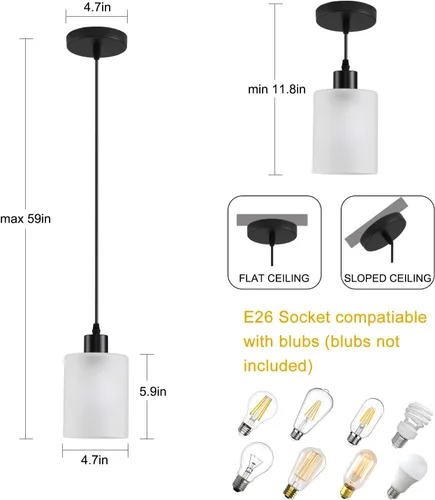 Miniatura 7 de Paquete de 3 Lámparas Colgantes Industriales, Pantalla de Vidrio Esmerilado Estilo Granja Moderno, Luminarias Colgantes Ajustables para Isla