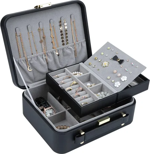 V-LAFUY Organizador de viaje grande para joyas, joyero de viaje grande con asa, estuche de joyería de viaje grande para aretes, collares, anillos,