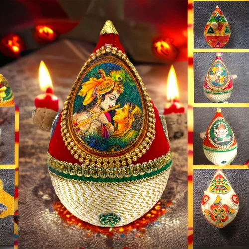 Miniatura 5 de LOVENSPIRE Shriphal Mangal Kalash Coco decorado para boda Shagun Decorativo Nariyal Mangal Nariyal Kalash Set Boda Pooja Nariyal Decorado Nariyal