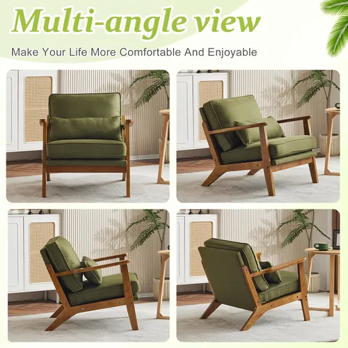 Miniatura 8 de VINGLI Silla de Acento de Madera Maciza con Reposabrazos Anchos, Silla Moderna Tapizada de Mediados de Siglo con Almohada, Cómoda Silla de Lectura