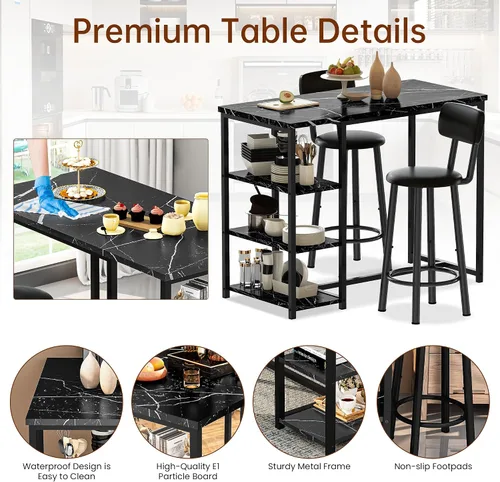 Miniatura 5 de Juego de mesa de comedor de cocina para 2, mesa de bar y sillas con 3 estantes de almacenamiento, comedor alto con 2 taburetes de respaldo de piel