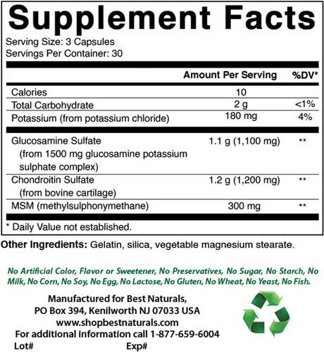 Miniatura 2 de Best Naturals, Suplementos MSM de glucosamina condroitina, 2600 mg por porción, 90 cápsulas (90 unidades (paquete de 3))