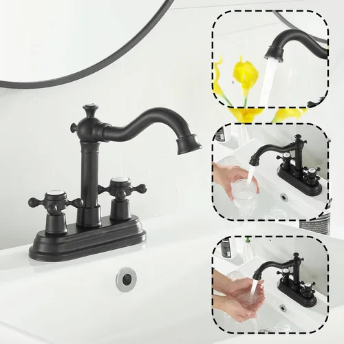 Miniatura 4 de Grifo de baño negro mate con 2 asas de 4 pulgadas, juego central de tocador de baño negro con montaje de drenaje y manguera de suministro grifo