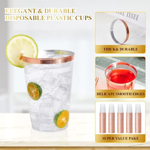 Miniatura 2 de Vplus Paquete de 150 vasos de plástico transparente reutilizables con borde de oro rosa de 12 onzas, vasos desechables de plástico resistentes