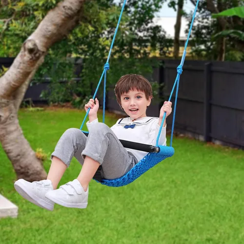 Miniatura 9 de Columpio para niños, hecho a mano, de red, con cuerda ajustable, columpios de árbol para niños, patio trasero, patio trasero, columpios para Azul