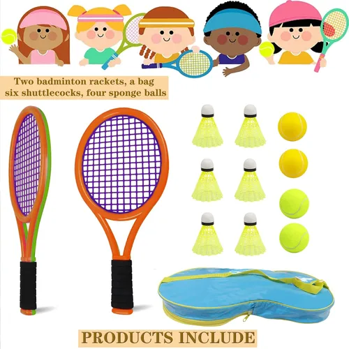 Miniatura 5 de Raqueta de tenis infantil para bebés, niños y niños de 3 a 15 años, juego de raquetas de tenis para niños pequeños que incluye 4 volantes, 2 pelotas