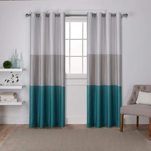 Par de paneles de cortinas Exclusive Home Chateau a rayas de seda sintética con ojales en la parte superior, 54 x 84 pulgadas, Azul Verde Verde