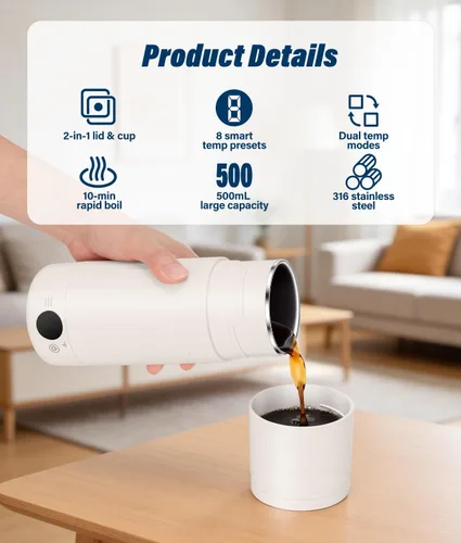 Miniatura 3 de Hervidor eléctrico portátil para viajes, hervidor de acero inoxidable 316, caldera de agua caliente con tapa y taza 2 en 1, hervidor de té de viaje