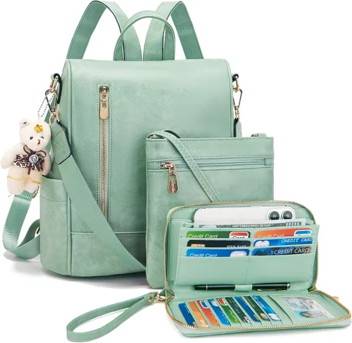 Miniatura 9 de Soperwillton Mochila de moda para mujer, bolso de hombro de cuero antirrobo, bolsa de viaje, múltiples bolsillos, cartera, juego de 3 piezas