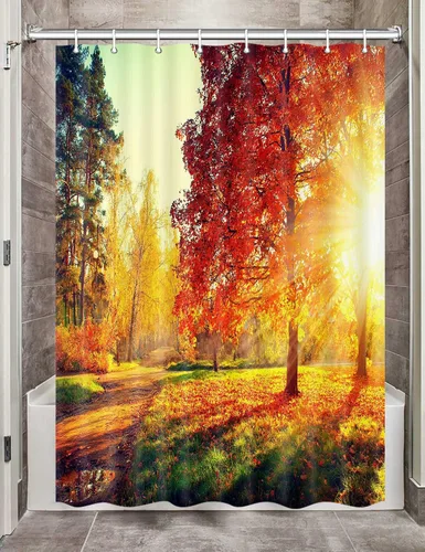 Cortina de ducha para caravana y caravana, para viajes, remolque, baño, bosque dorado, otoño, camping, pequeño, estrecho, corto, de tela, accesorios